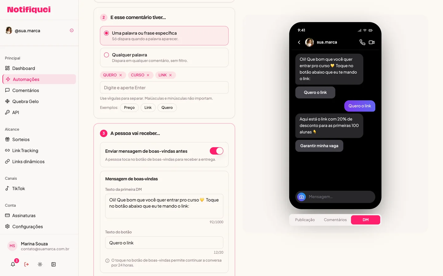 Tela Criar automação do painel do Notifiquei